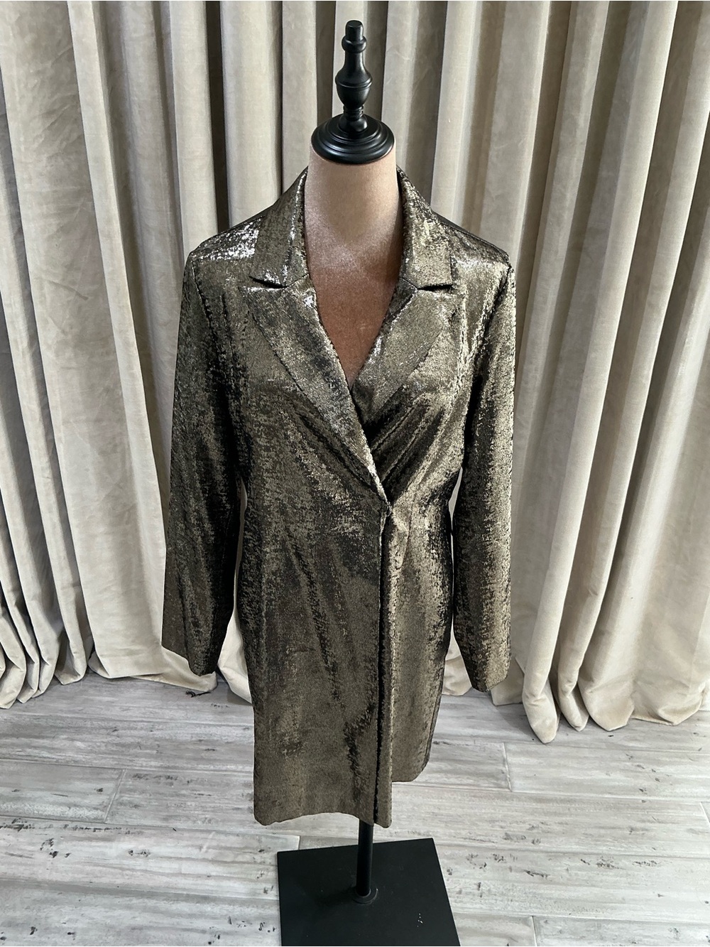 Metallic Gold-Gray Sequin Long Blazer Jacket